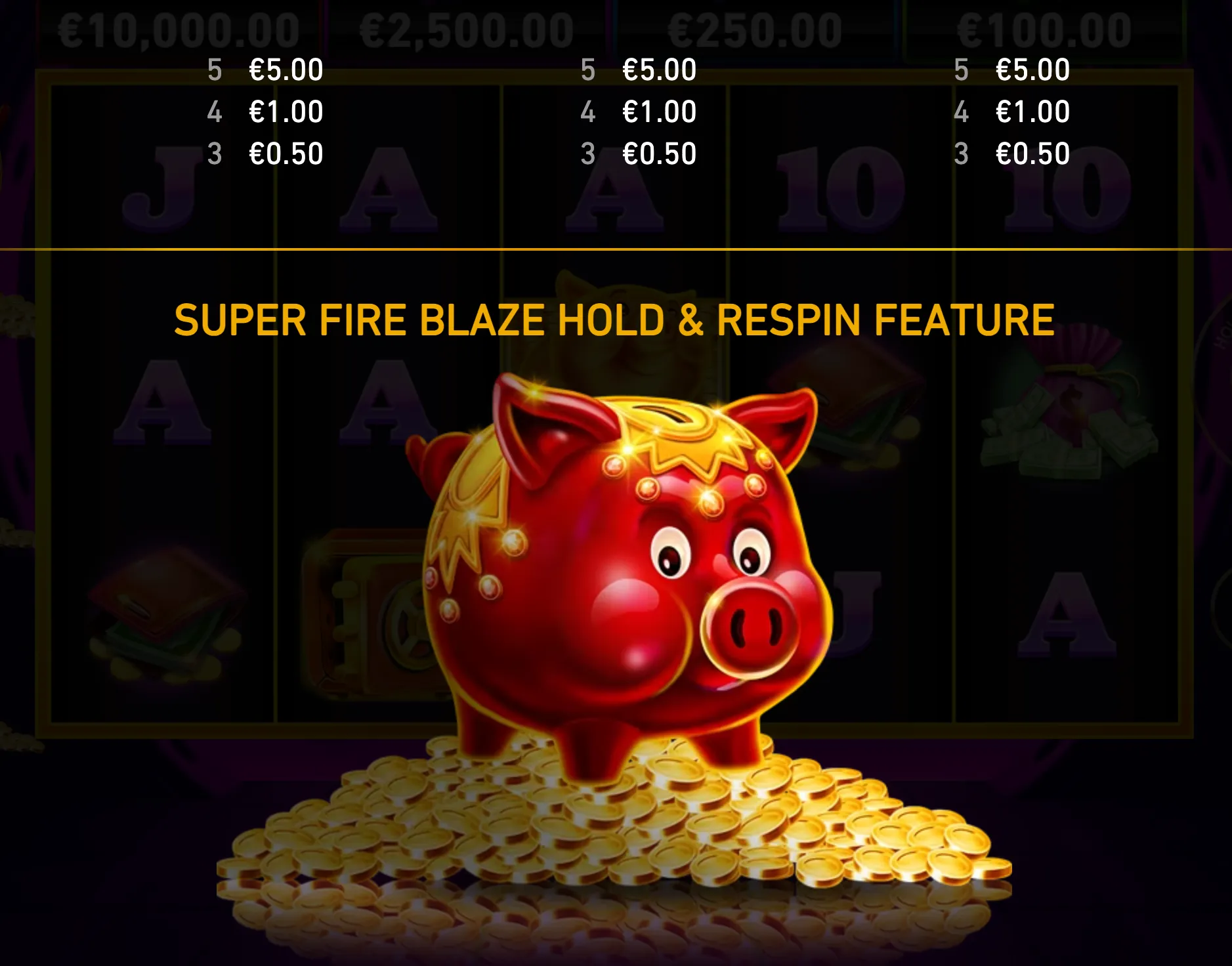 A cheerful red-and-gold piggy bank stands on a pile of gold coins, with the Super Fire Blaze Hold & Respin Feature title over a dark slot-reel backdrop.
