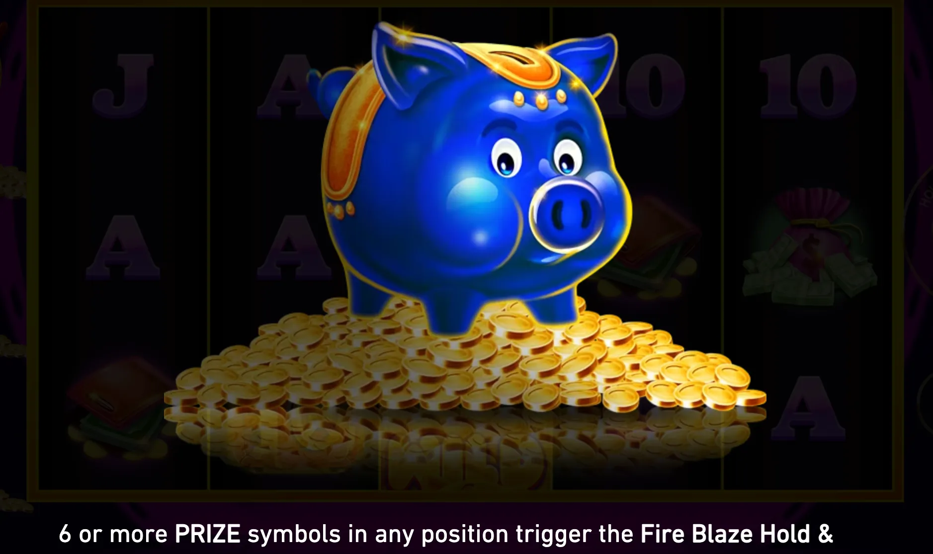 A cheerful blue pig wearing a gold cap stands on a mound of coins over dark slot reels, with money bags and playing cards in the background.