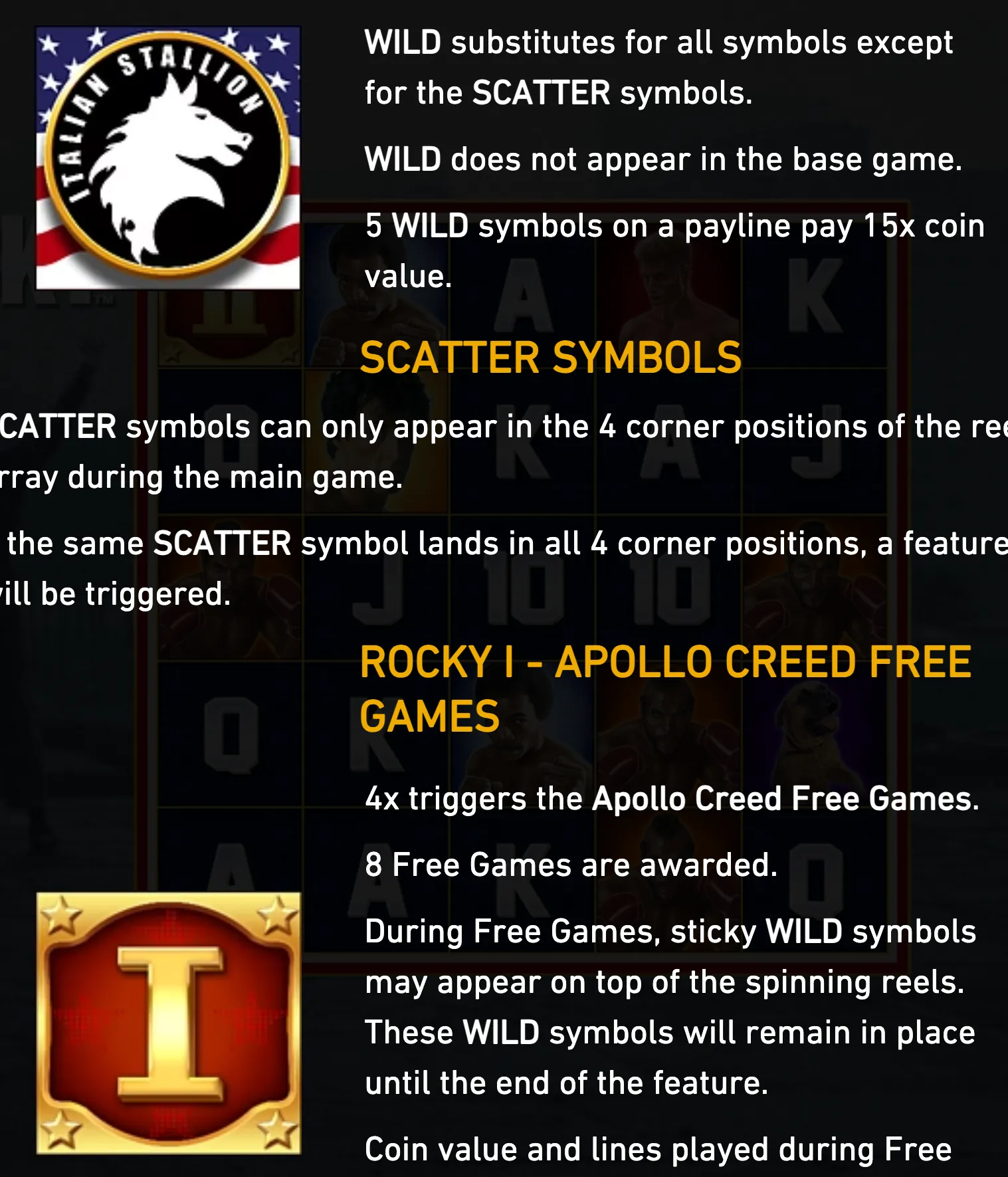 Rocky slot rules panel with an Italian Stallion horse emblem, reel symbols, wild and scatter instructions, and Apollo Creed free games details.