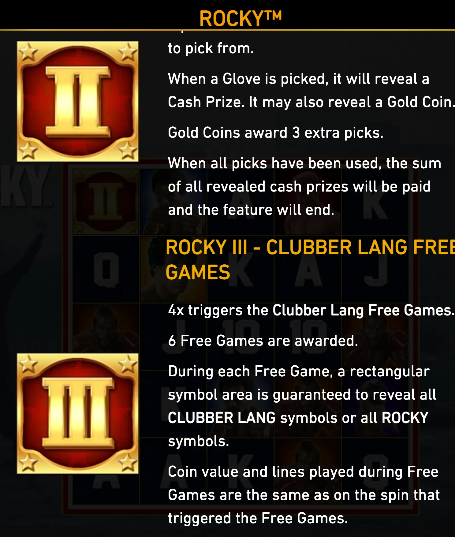 ROCKY slot rules panel featuring the gold III symbol, cash-prize pick details, and Clubber Lang free games over a boxing-themed reel layout.