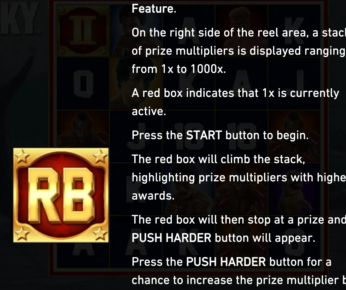 ROCKY slot feature tutorial overlay above a boxing-themed reel grid, with fighter portraits, card symbols, a red multiplier marker, and an RB badge.