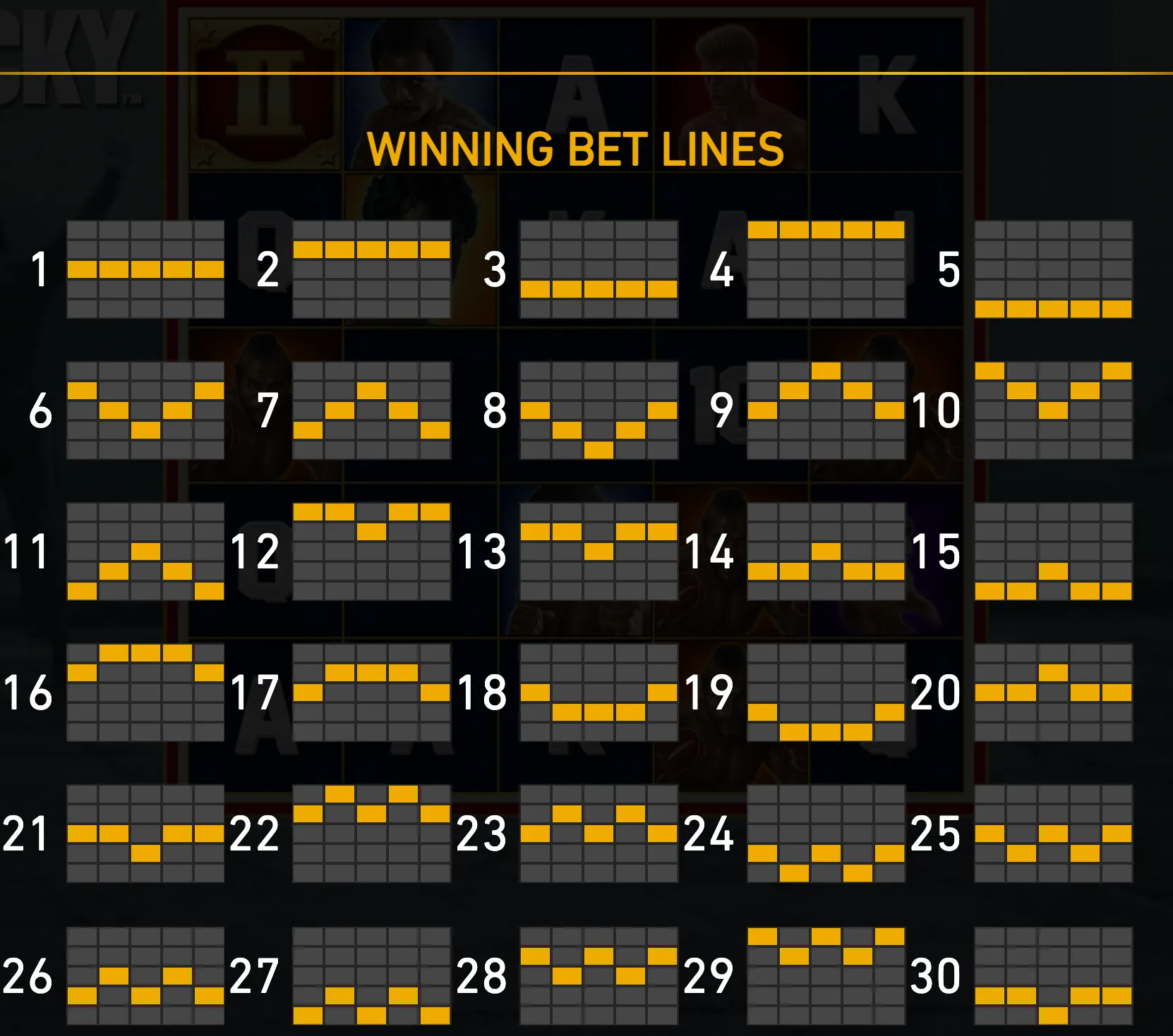 A dark ROCKY slot backdrop is overlaid with the title “WINNING BET LINES” and 30 numbered five-reel grid diagrams highlighting different paylines in yellow.