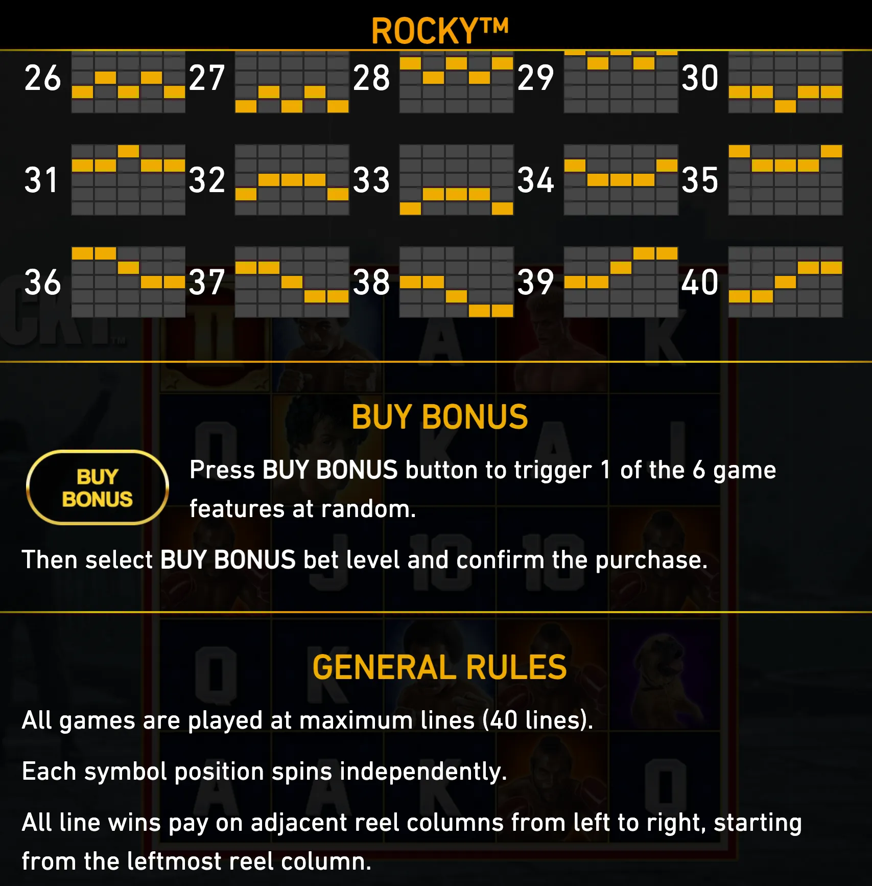 ROCKY slot rules page with yellow payline diagrams numbered 26 to 40, Buy Bonus instructions, and shadowed boxing character symbols behind the text.