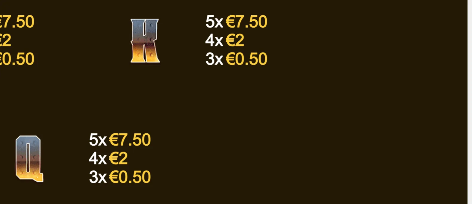 Gold Rush Cash Collect payout table featuring metallic gold-and-steel symbols with rewards of €0.50, €2, and €7.50 for three, four, or five matches.