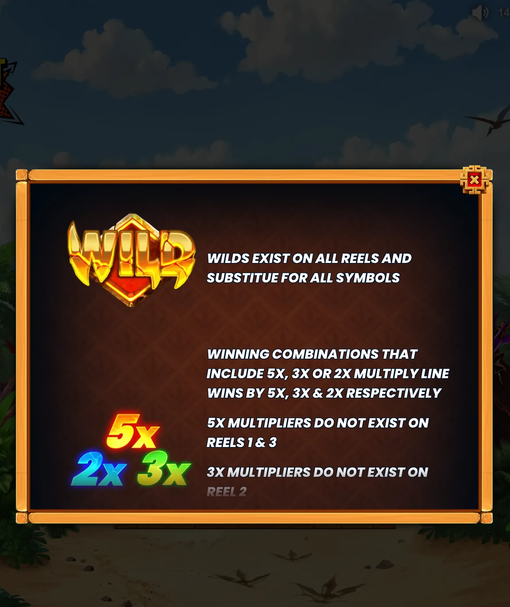 Hot Rocket 5x 3x 2x feature panel with a glowing WILD emblem, colorful 5x, 3x, and 2x multiplier symbols, and explanatory text in a gold-framed jungle-themed setting.