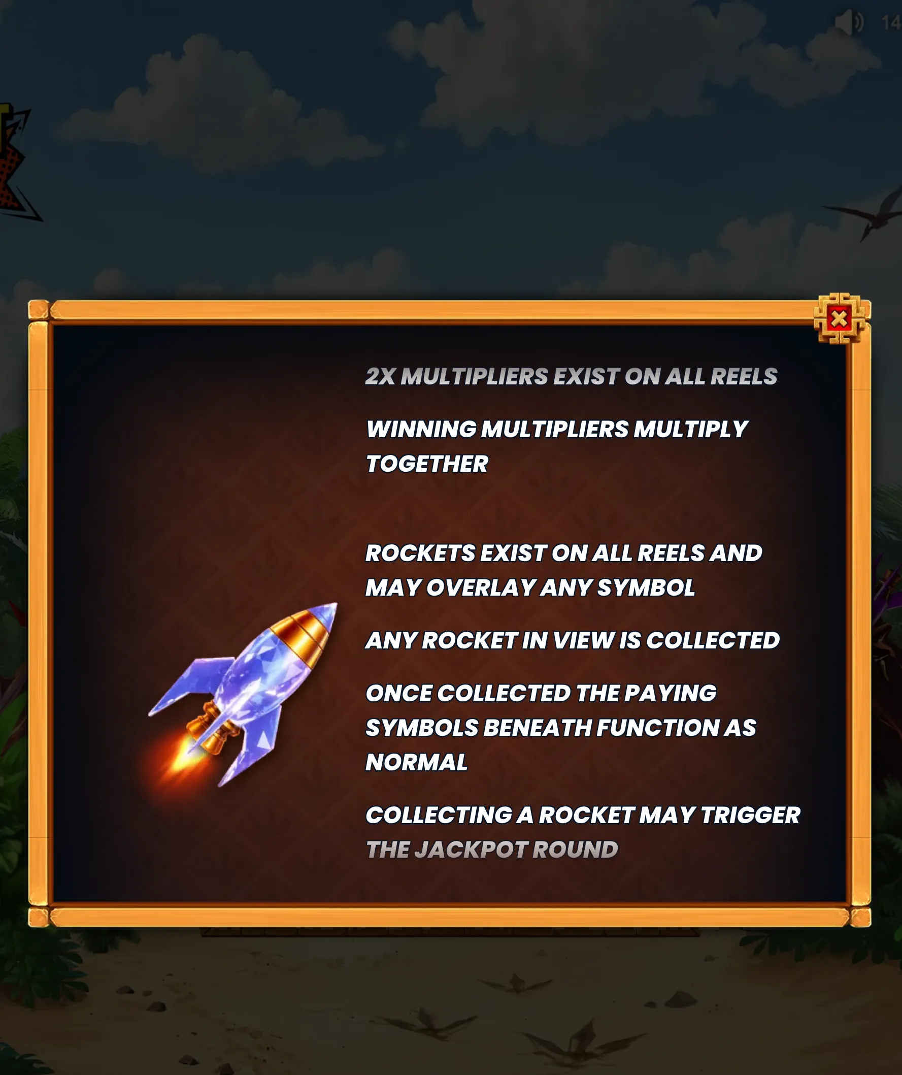 A Hot Rocket 5x 3x 2x feature panel displays a purple rocket launching beneath rules about 2x multipliers, rocket overlays, collection, and the jackpot round, set against a dark sky.