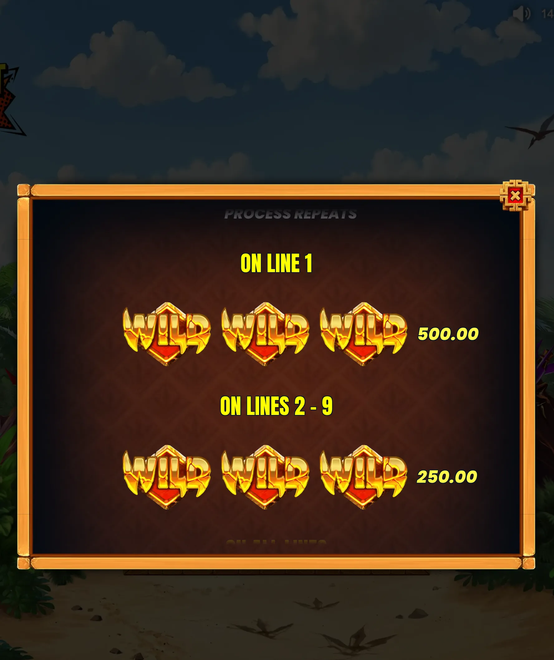 Hot Rocket 5x 3x 2x payout panel featuring three golden Wild symbols, with 500.00 awarded on line 1 and 250.00 on lines 2–9.