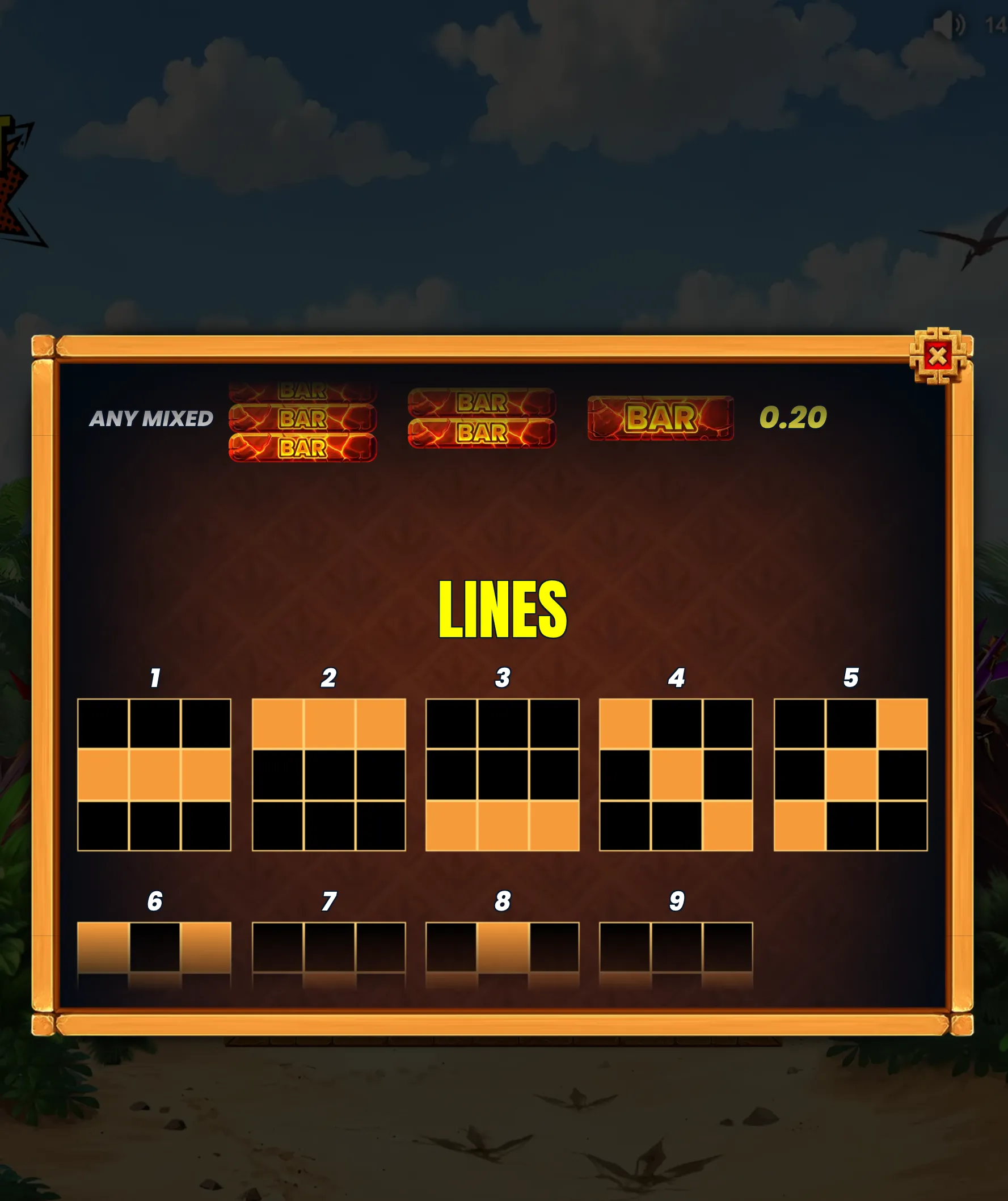 Hot Rocket 5x 3x 2x paytable featuring mixed BAR symbols, a 0.20 payout, and nine highlighted line patterns against a sky-themed backdrop.