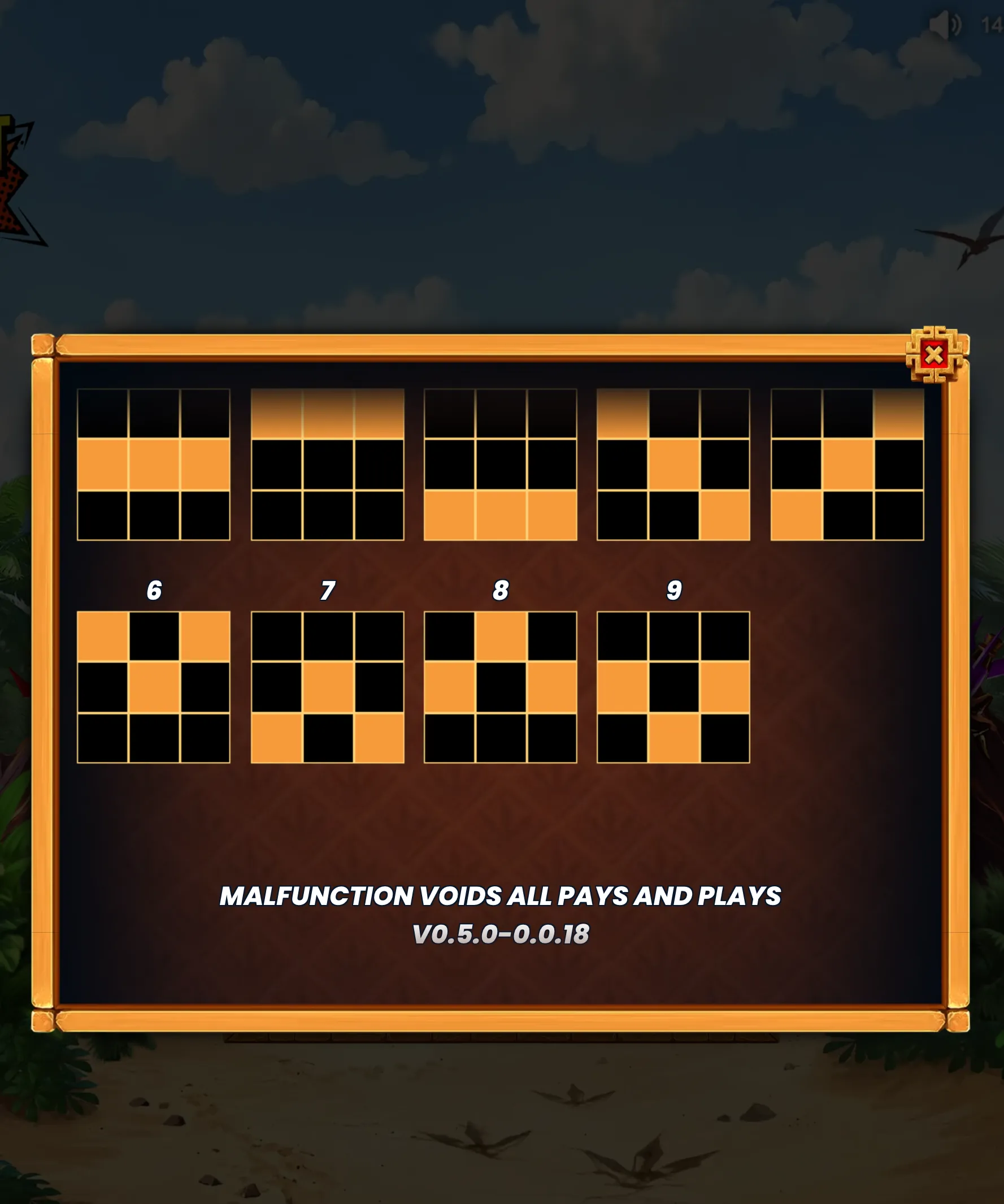 A gold-framed Hot Rocket rules panel displays numbered orange-and-black 3x3 grid patterns labeled 6 through 9, with a malfunction disclaimer against a cloudy sky and jungle backdrop.
