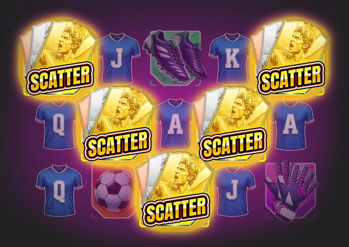 Football-themed slot reels featuring multiple golden player-card Scatter symbols, blue jerseys, purple football boots, a soccer ball, and goalkeeper gloves.