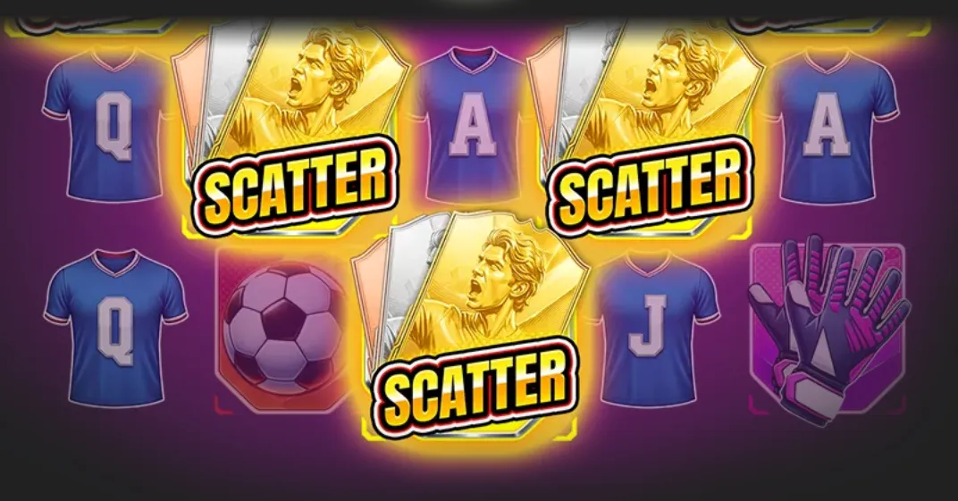 Football-themed slot reels featuring three glowing SCATTER symbols with a cheering footballer, blue team jerseys, a soccer ball, and goalkeeper gloves.