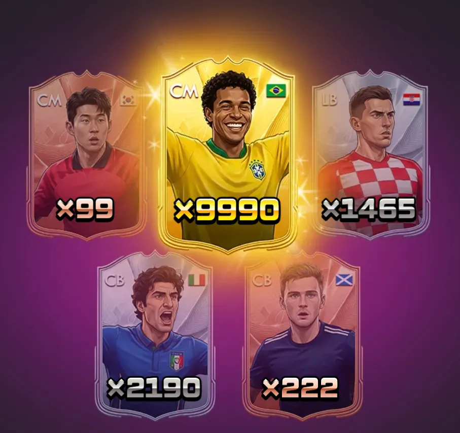Football-themed slot artwork featuring five illustrated player cards, with a glowing Brazilian midfielder card marked x9990 at the center and additional cards carrying x99, x1465, x2190, and x222 multipliers.