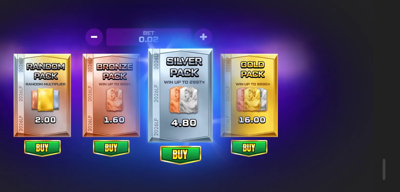 A neon purple slot interface presents Random, Bronze, Silver, and Gold Packs with metallic card artwork, purchase buttons, bet controls, and visible multiplier claims.