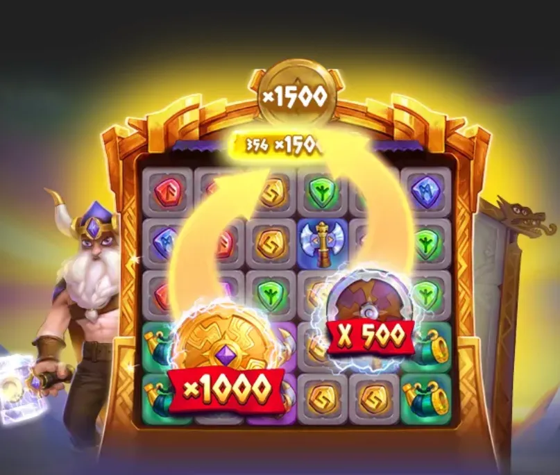 Gemhalla Xtreme slot artwork with a Viking warrior, dragon-themed gold reels, colorful rune symbols, and glowing multiplier values including x1500, x1000, and x500.