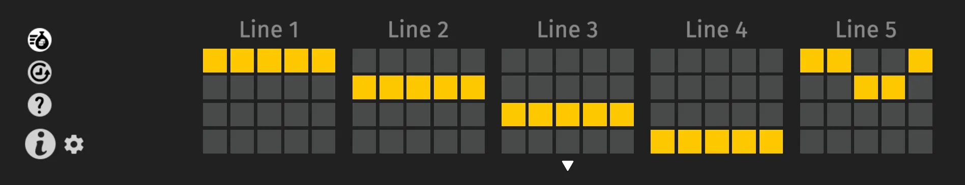 Dark slot interface displaying five labeled paylines as yellow block patterns across a four-row, five-column reel grid, with navigation icons on the left.