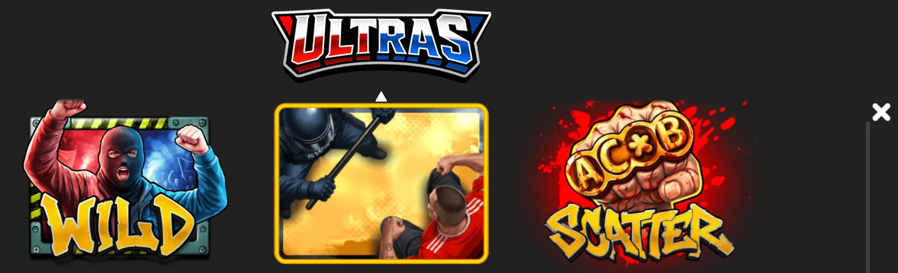 Ultras slot game artwork featuring a masked red-and-blue supporter, a police confrontation, and bold Wild and ACB Scatter symbols.