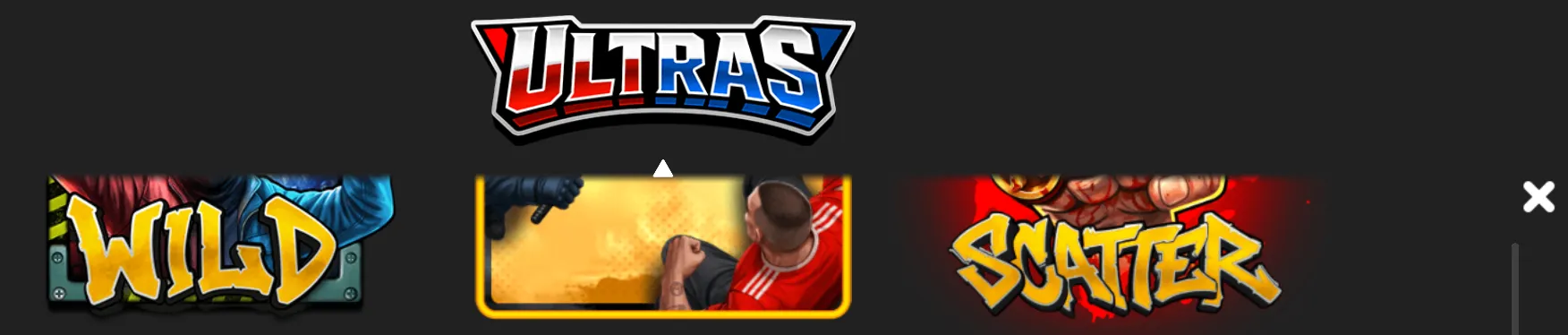 Ultras slot game artwork featuring bold Wild and Scatter symbols, football supporters, and red, blue, yellow, and black sports styling.