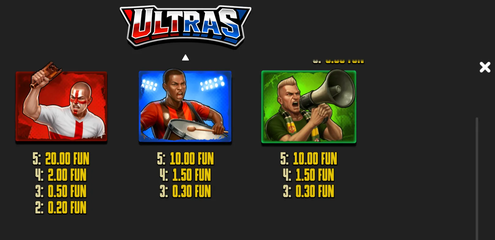 Ultras slot game payout table featuring illustrated football supporters, a drummer, and a megaphone leader with FUN prize tiers.