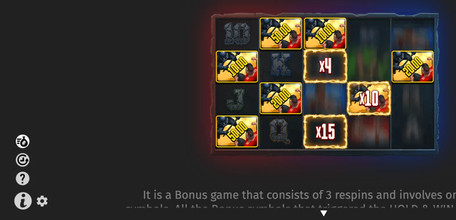 Ultras slot bonus display featuring dark action-themed symbols with cash values of $10, $20, and $50, alongside glowing x4, x10, and x15 multiplier tiles.