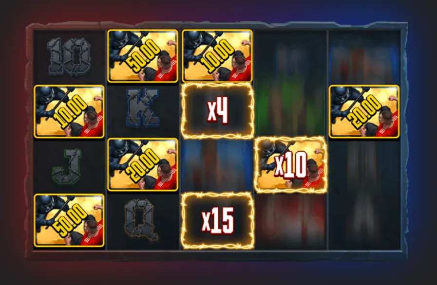 Ultras slot reels featuring boxing-themed cash symbols valued from $10 to $50 alongside glowing x4, x10, and x15 multiplier tiles.