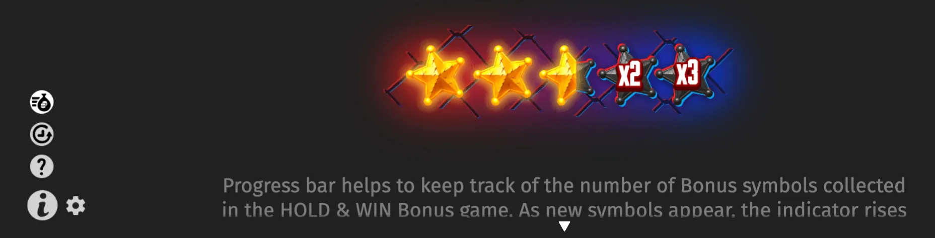 A dark slot-game interface displays glowing gold star bonus symbols, red and blue x2 and x3 multiplier markers, and instructional text about the Hold & Win progress bar.