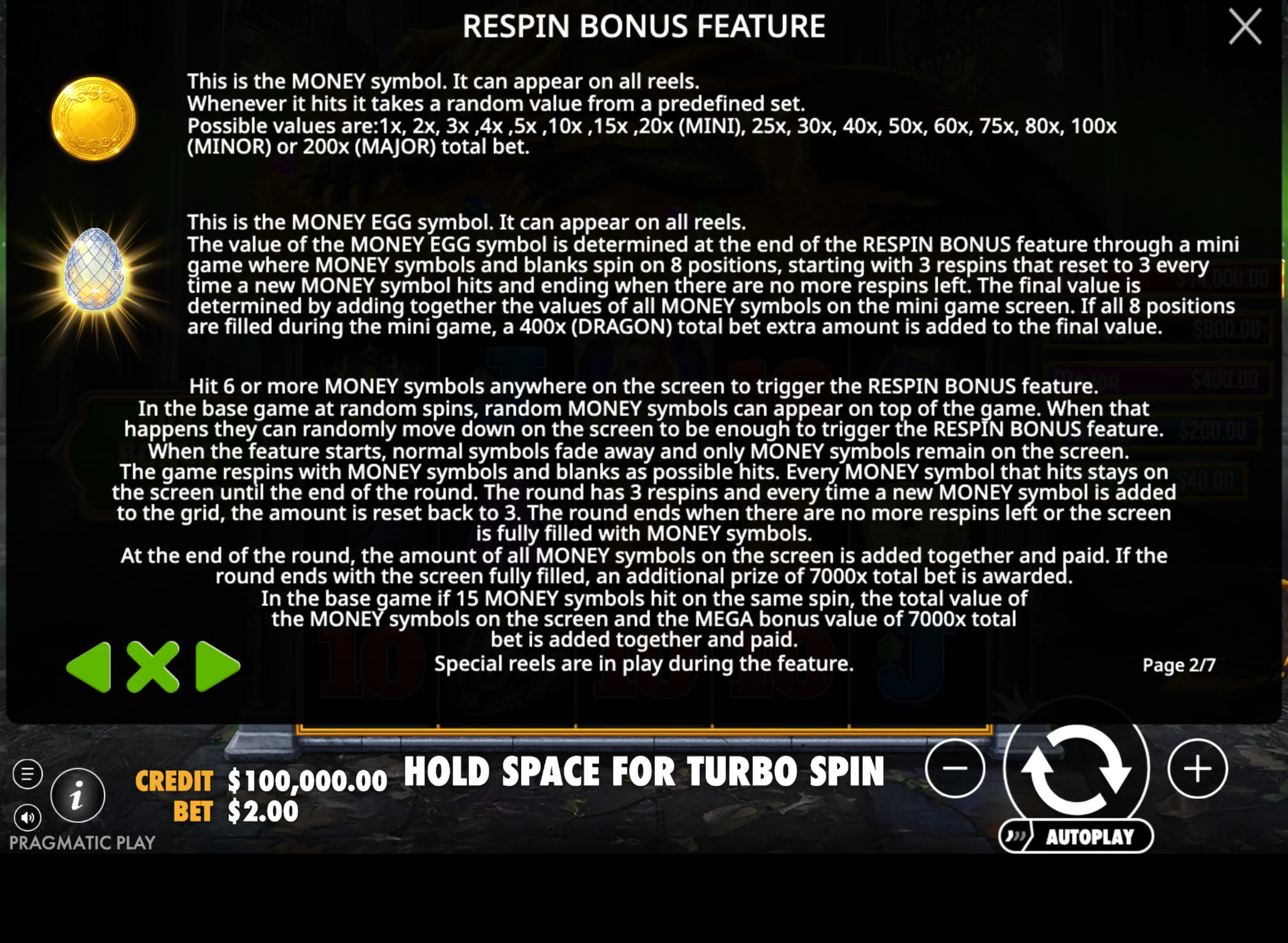 Detailed explanation of the Respin Bonus feature in Sleeping Dragon Ultra Dark, showcasing the MONEY and MONEY EGG symbols and their multiplier values.