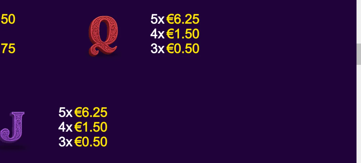 A purple slot-game paytable displays ornate red Q and violet J symbols beside matching-count payouts in euros.