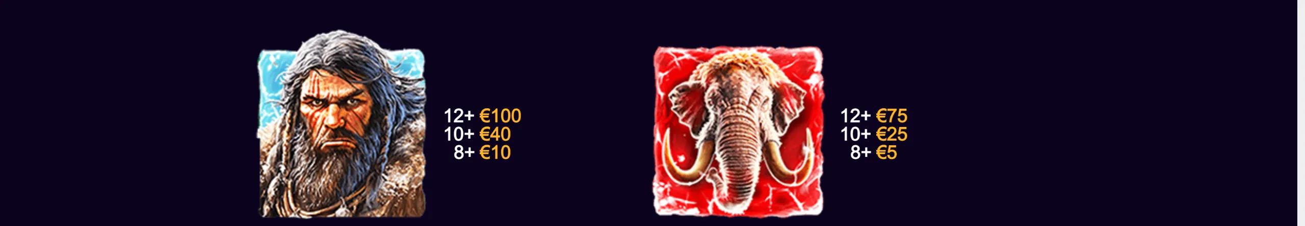 CoinFall: The Big Freeze slot symbols featuring a fierce bearded caveman and a woolly mammoth, with visible euro payout tiers.