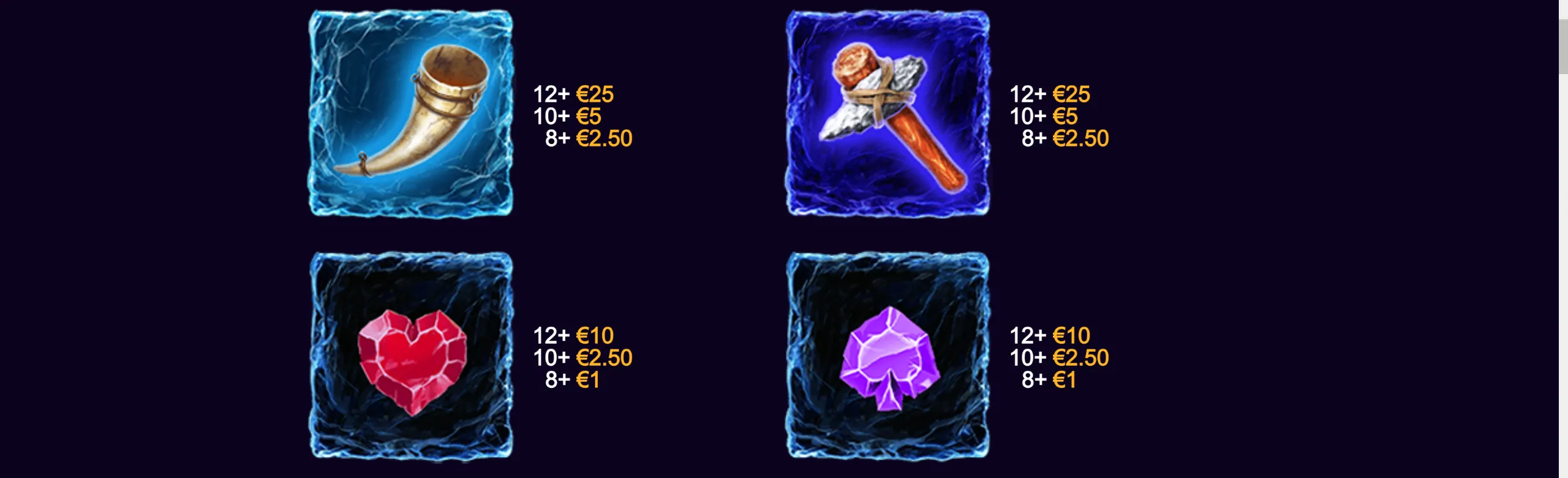 Frozen game symbols including a drinking horn, crossed axe, red heart, and purple spade are paired with euro payouts against dark icy panels.