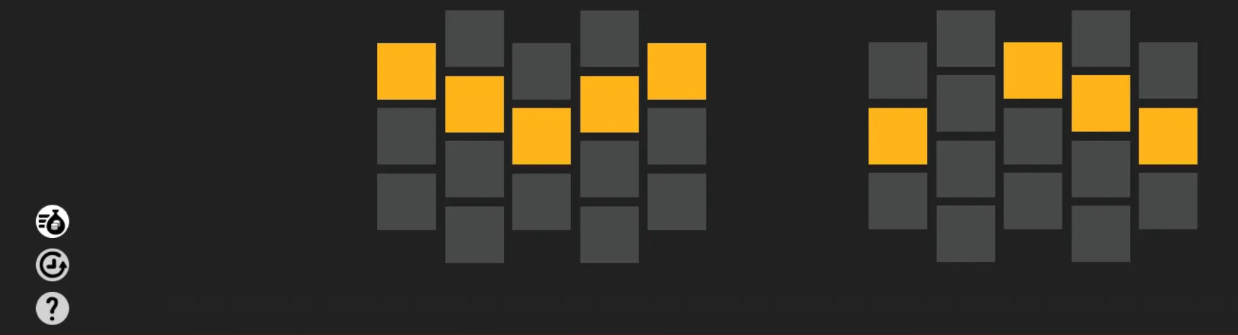 Dark slot-game interface with two clusters of gray and yellow reel-position blocks, plus circular control icons along the left side.