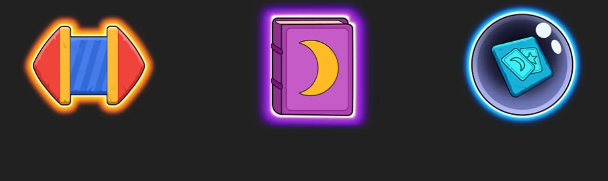 Three stylized slot symbols appear against a dark backdrop: a red-and-blue emblem, a purple moon book, and a blue token inside a glowing orb.