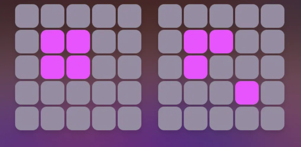 A minimalist Multi Rush slot interface with two five-by-five grids of rounded tiles, featuring glowing magenta squares against a dark purple gradient.