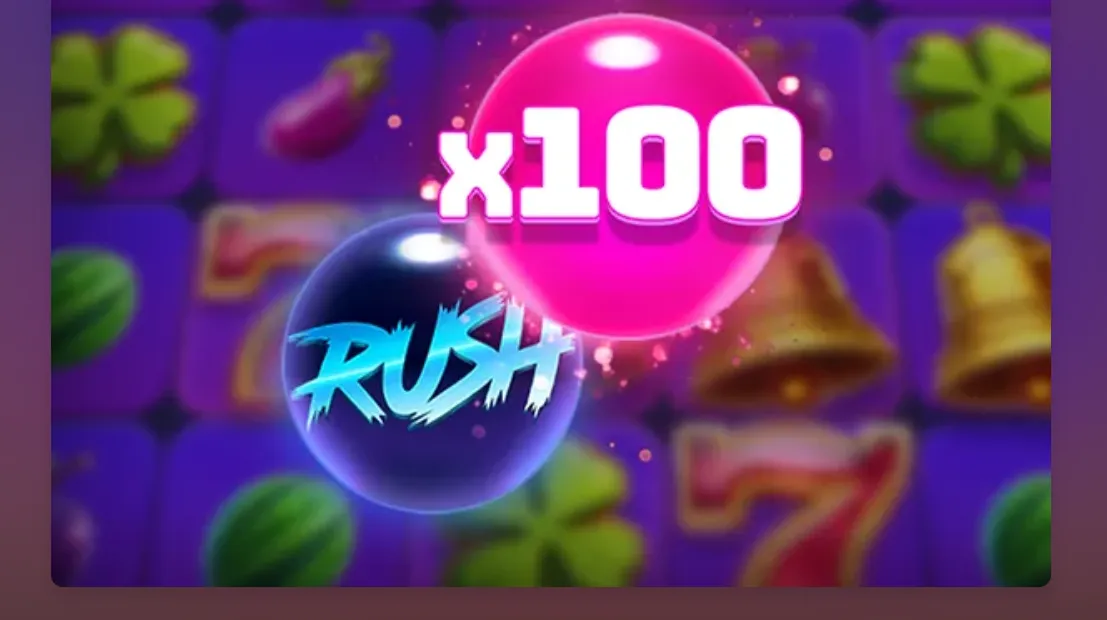 Multi Rush slot artwork with glowing pink x100 and blue RUSH spheres over blurred fruit symbols, bells, sevens, and clovers.