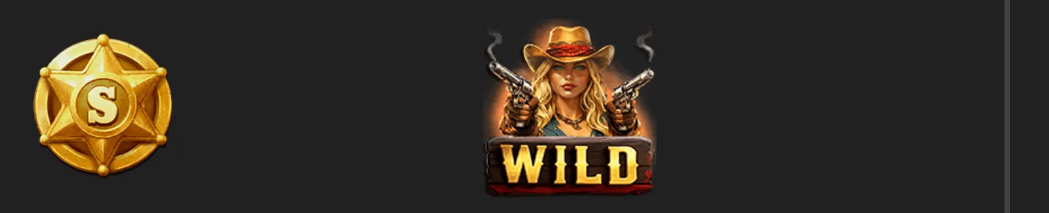 Dusty Duel slot artwork featuring a golden sheriff star with a dollar sign and a blonde gunslinger holding two revolvers above a WILD banner on a dark backdrop.