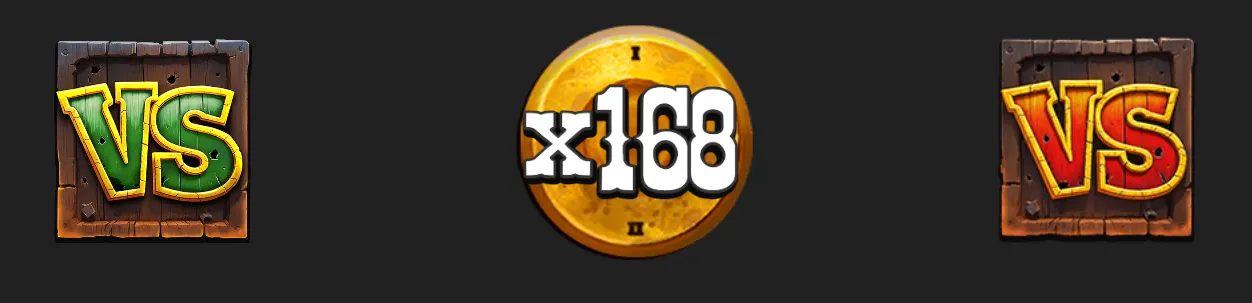 Western-themed slot artwork with opposing VS signs on wooden plaques and a central gold coin marked x168.