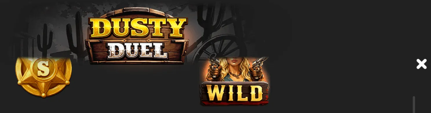 Dusty Duel slot artwork featuring a blonde gunslinger holding two pistols, a large WILD symbol, gold sheriff badge, wooden sign logo, and silhouetted desert cacti.
