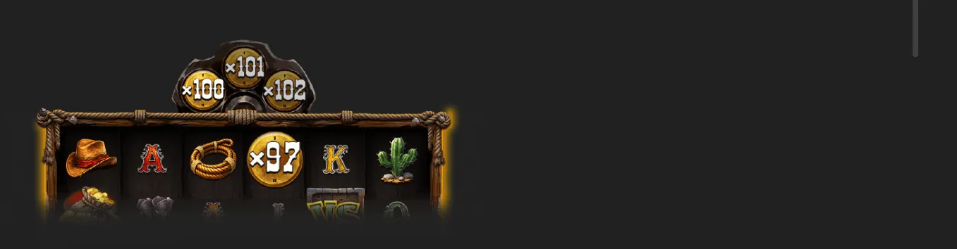 Dusty Duel slot reels framed by rustic rope feature cowboy hats, playing-card symbols, a lasso, cactus, and gold multiplier coins marked x97, x100, x101, and x102 against a dark backdrop.