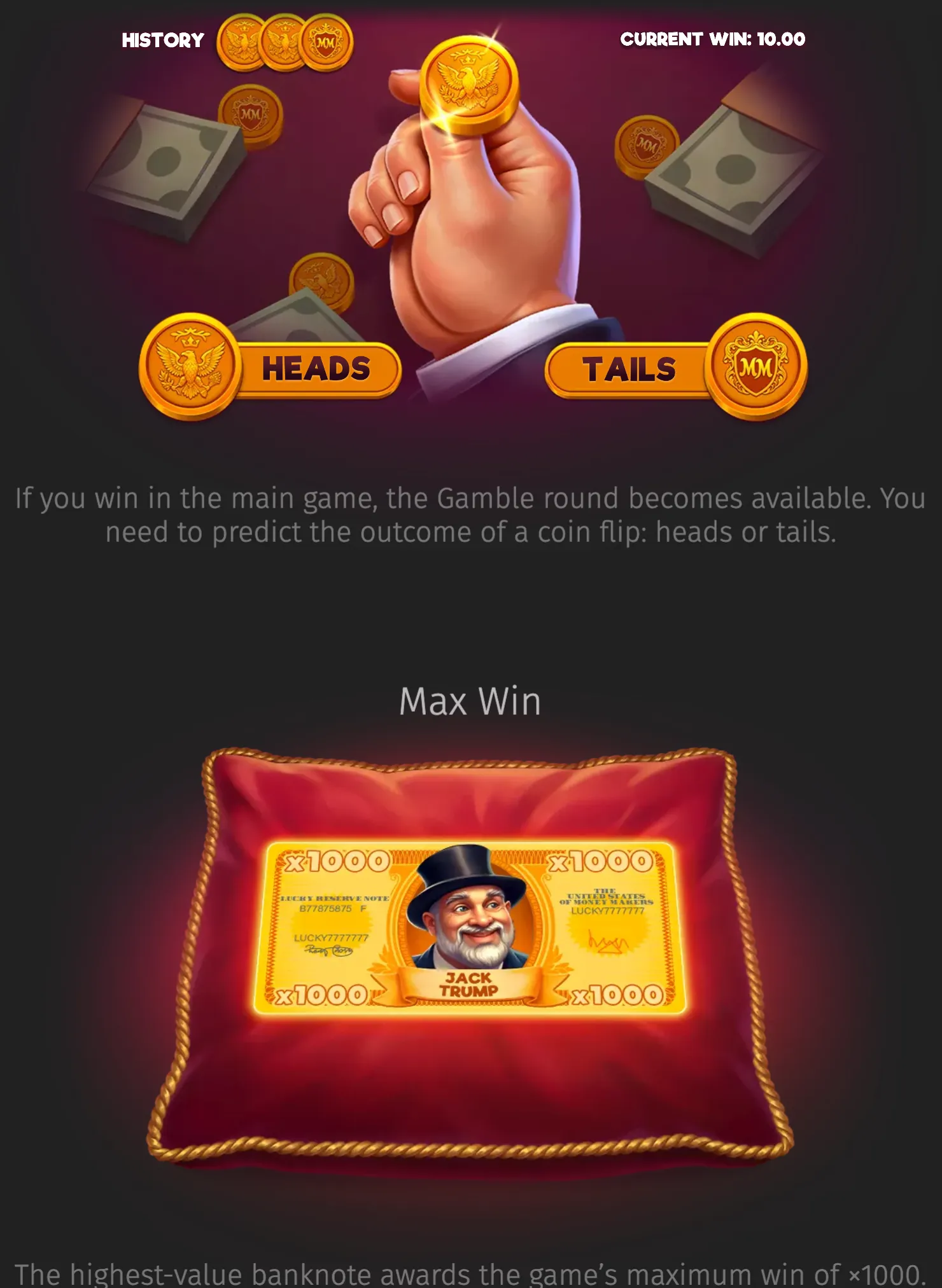 Money Maker slot artwork featuring a hand flipping a gold coin between Heads and Tails, surrounded by cash and coins, plus a maximum-win banknote marked ×1000.