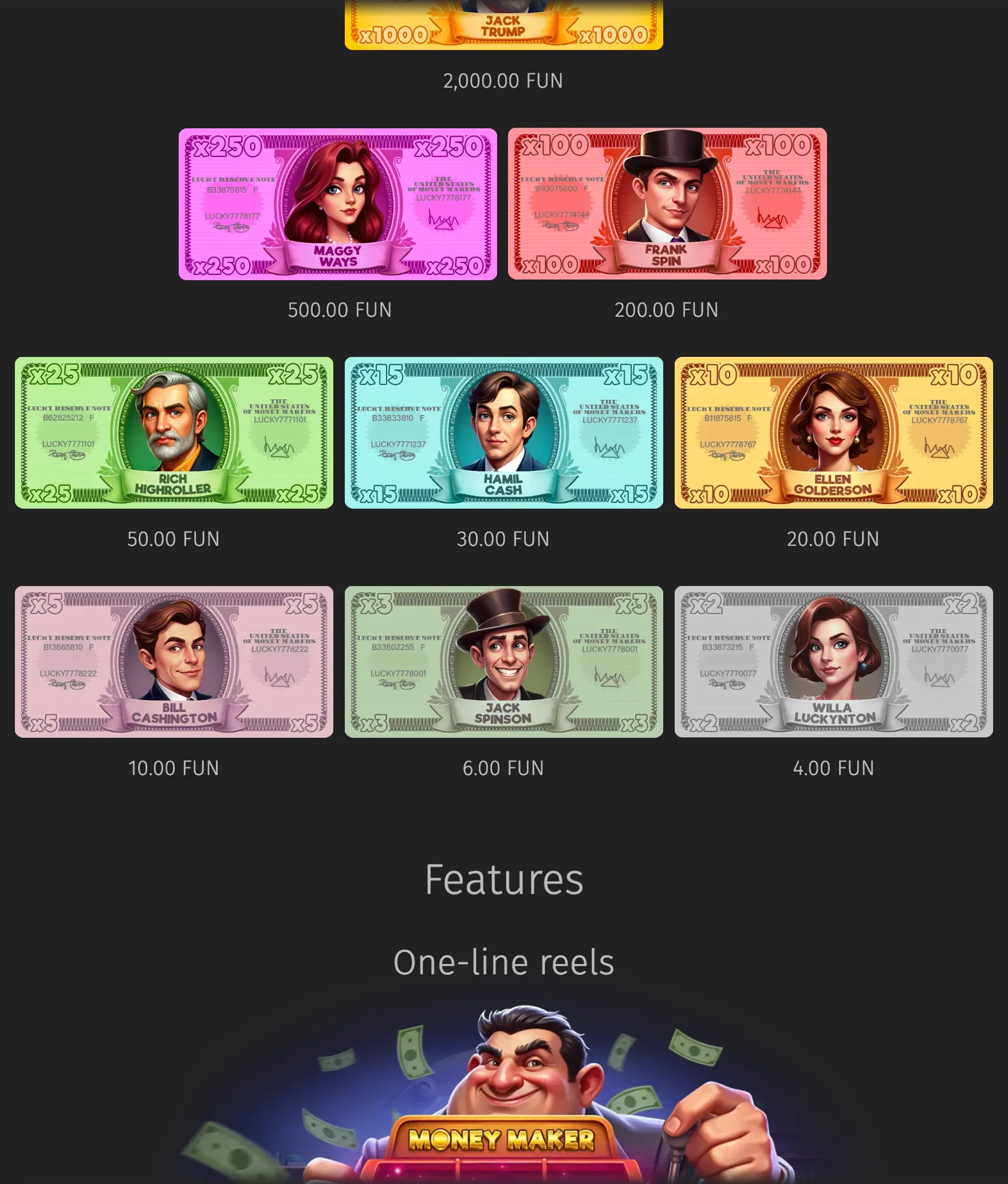 Money Maker slot game feature page with colorful banknote-style character symbols, cash multipliers, and a cartoon businessman surrounded by flying dollar bills.