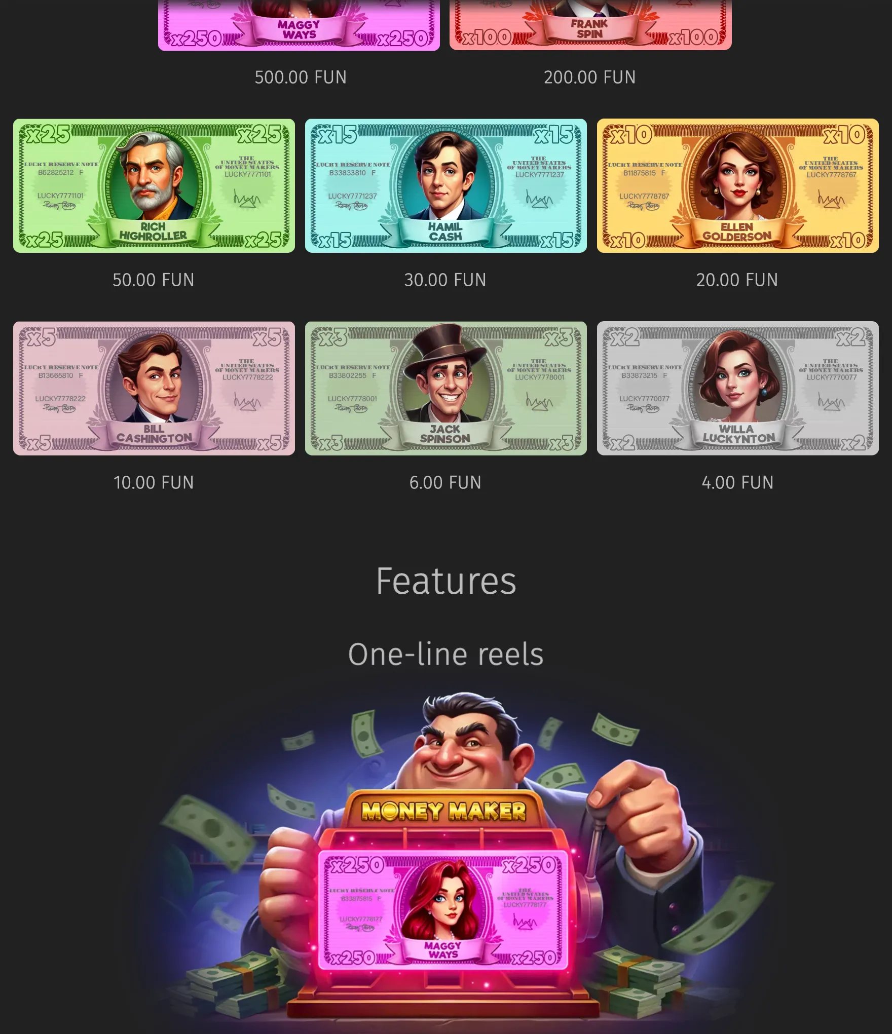 Money Maker slot artwork featuring illustrated banknote-style character symbols with multipliers, plus a smiling businessman surrounded by flying cash and stacks of money.