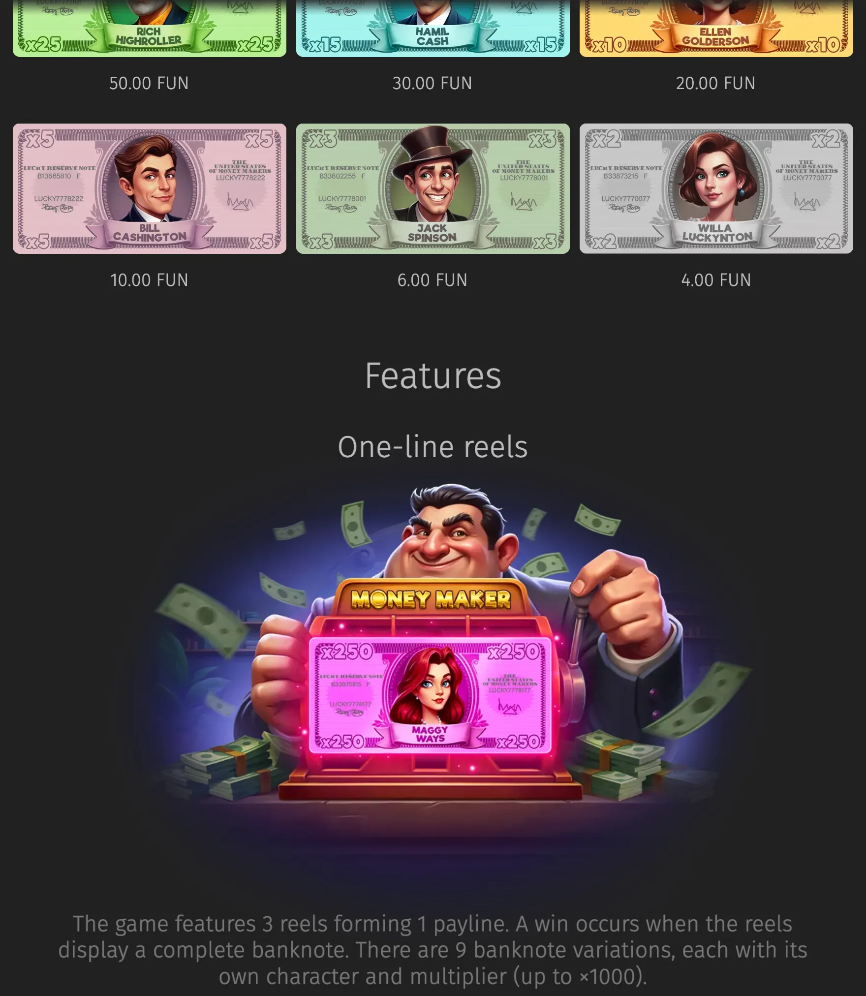 Money Maker slot artwork featuring cartoon characters printed on banknotes, cash bundles, flying bills, and a central money-themed machine.