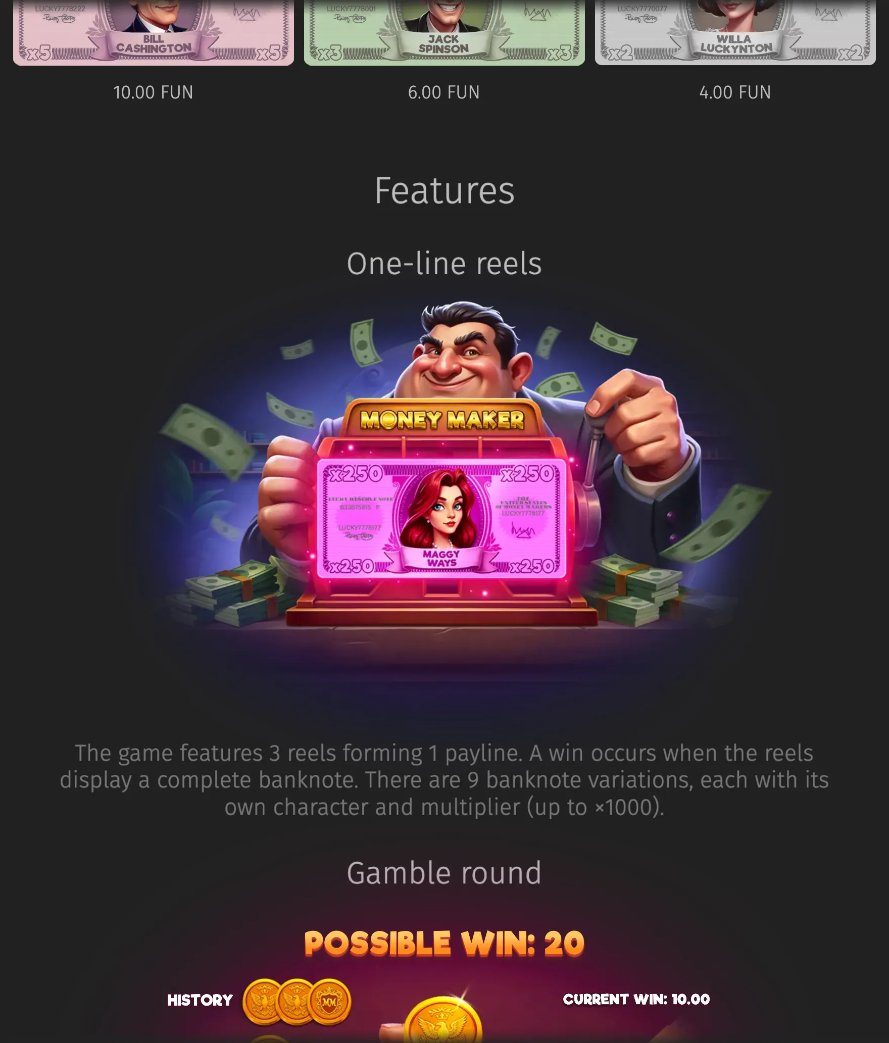 Money Maker slot feature artwork with a smiling businessman, flying cash, stacks of banknotes, and a glowing machine displaying the Maggy Ways character note. Text highlights one-line reels and a gamble round.