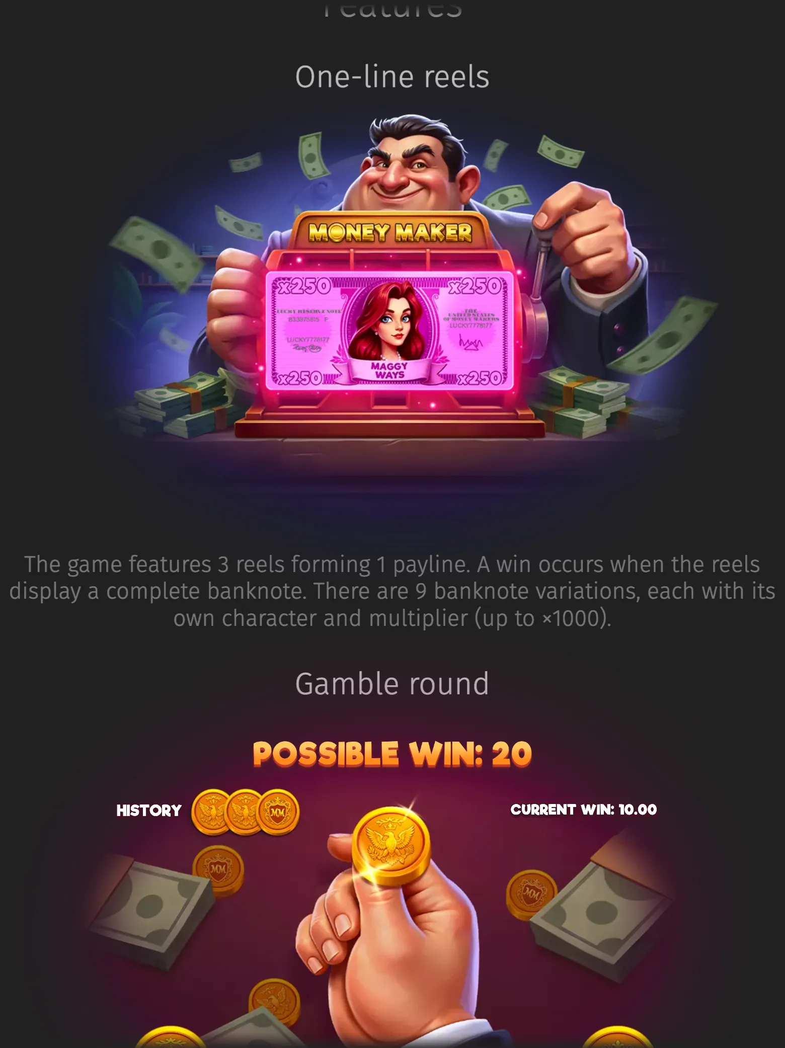 Money Maker slot artwork featuring a smiling businessman surrounded by falling banknotes, a pink Maggy Ways x250 banknote symbol, and a coin-based gamble round.