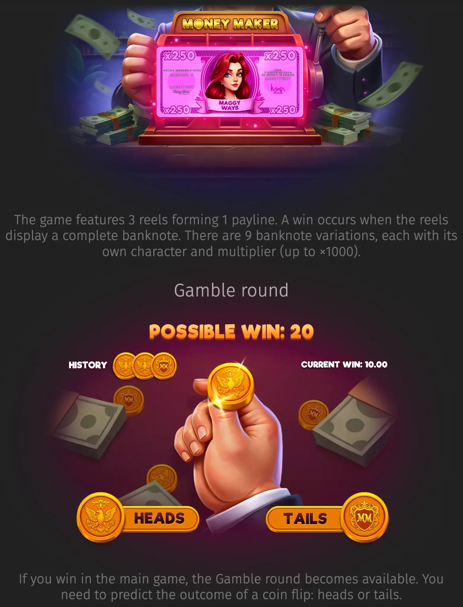 Money Maker slot artwork featuring a businessman holding a glowing pink x250 Maggy Ways banknote, surrounded by cash, with a heads-or-tails gamble round below.