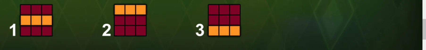 Three numbered 3x3 grid layouts appear against a dark green backdrop, each with one orange highlighted row and burgundy cells.