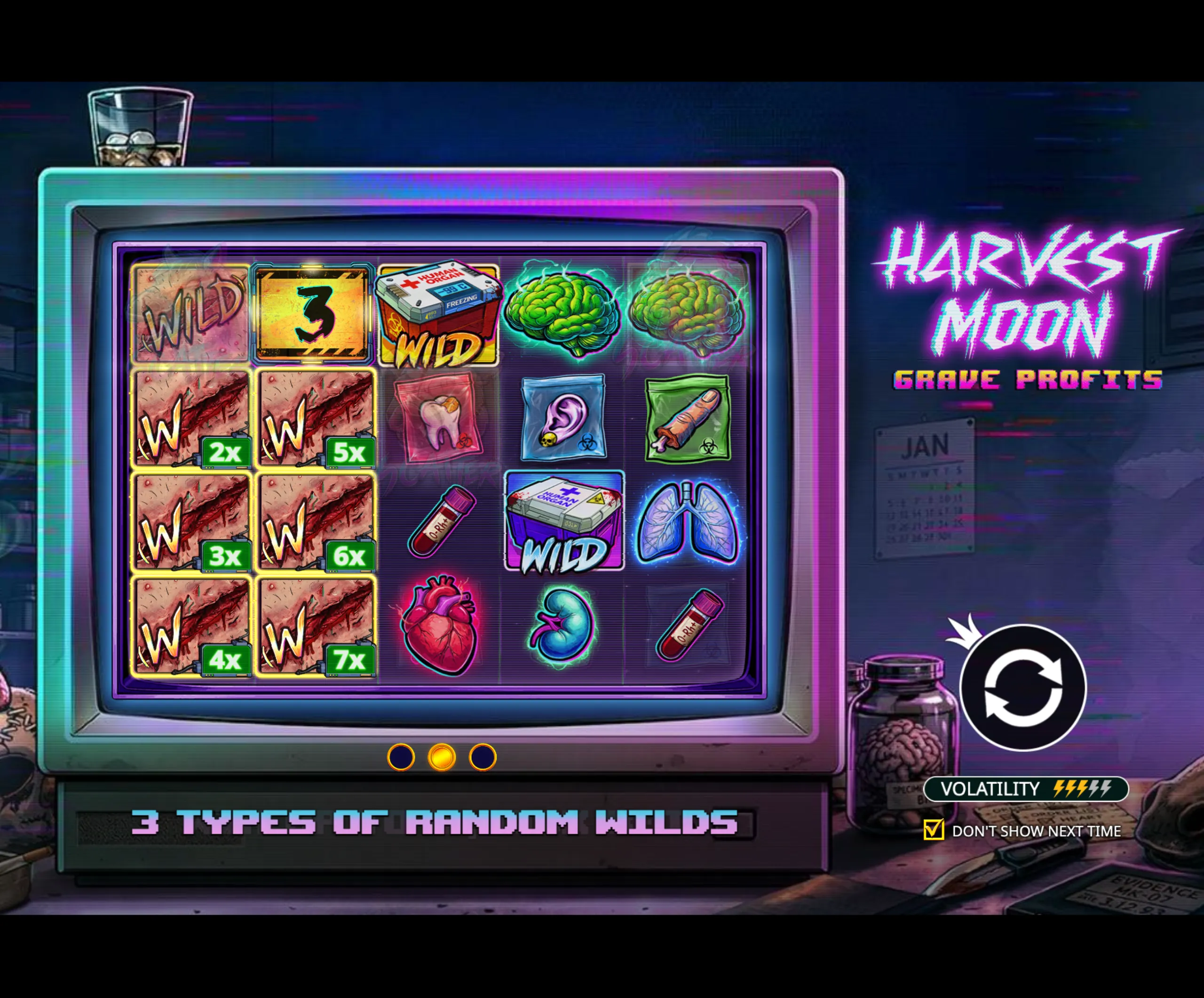 A retro-style slot game interface featuring wild symbols, human organs like brains, hearts, lungs, and teeth, with a neon 'Harvest Moon - Grave Profits' title.