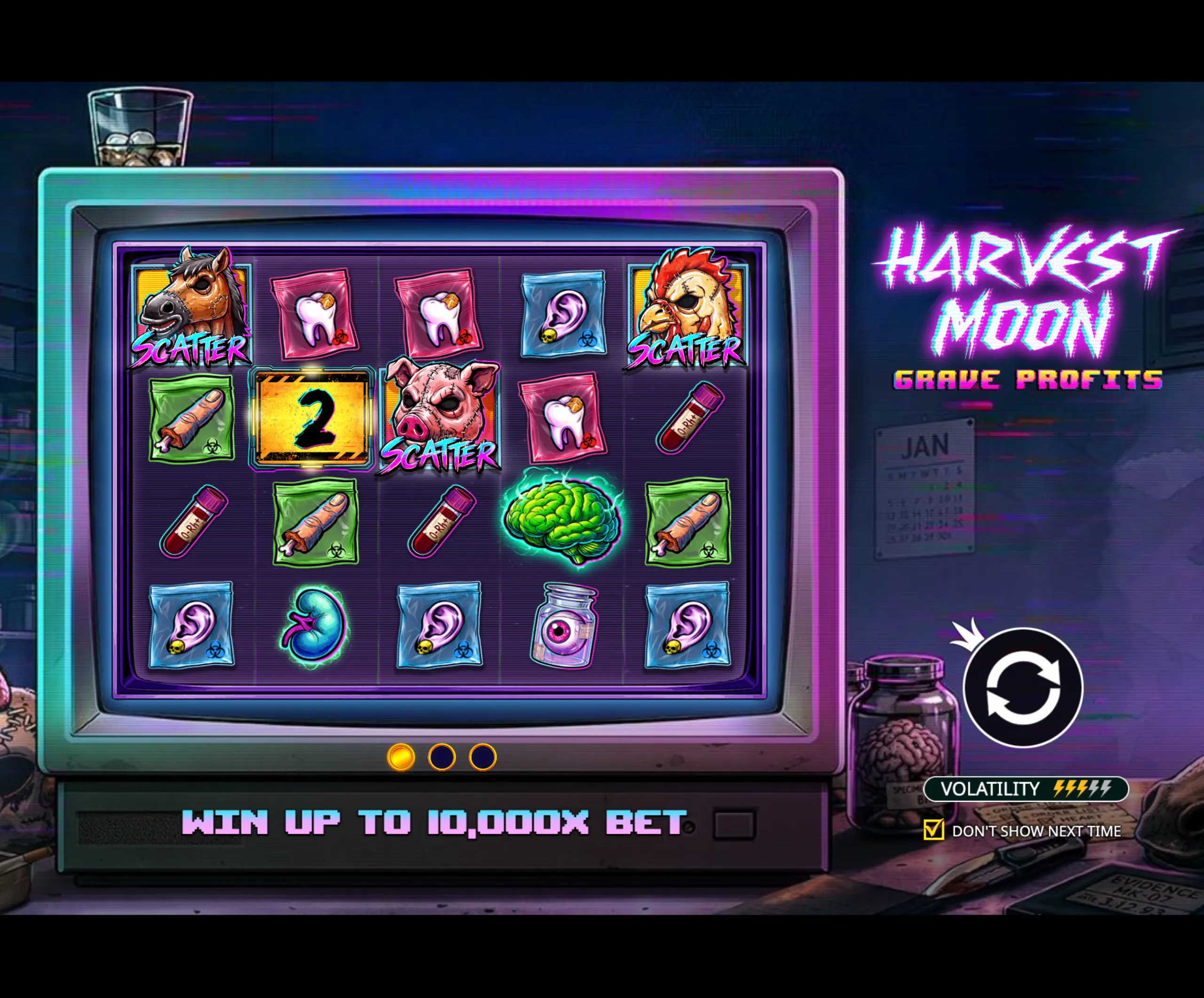 A retro-style slot game interface featuring grotesque farm animal heads as scatter symbols, biohazard-marked body parts, and medical jars, set against a dark, neon-lit background with the title 'Harvest Moon - Grave Profits'.