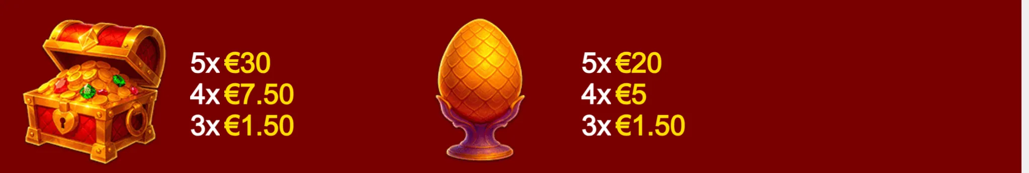 A golden treasure chest overflowing with coins appears beside a glowing phoenix egg, with euro payout values listed against a deep red backdrop.