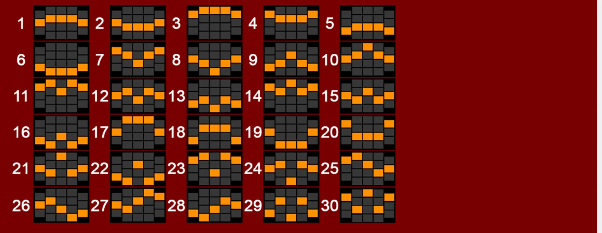 Payline chart for Phoenix Heat featuring 30 numbered orange patterns across a dark five-reel grid on a deep red background.