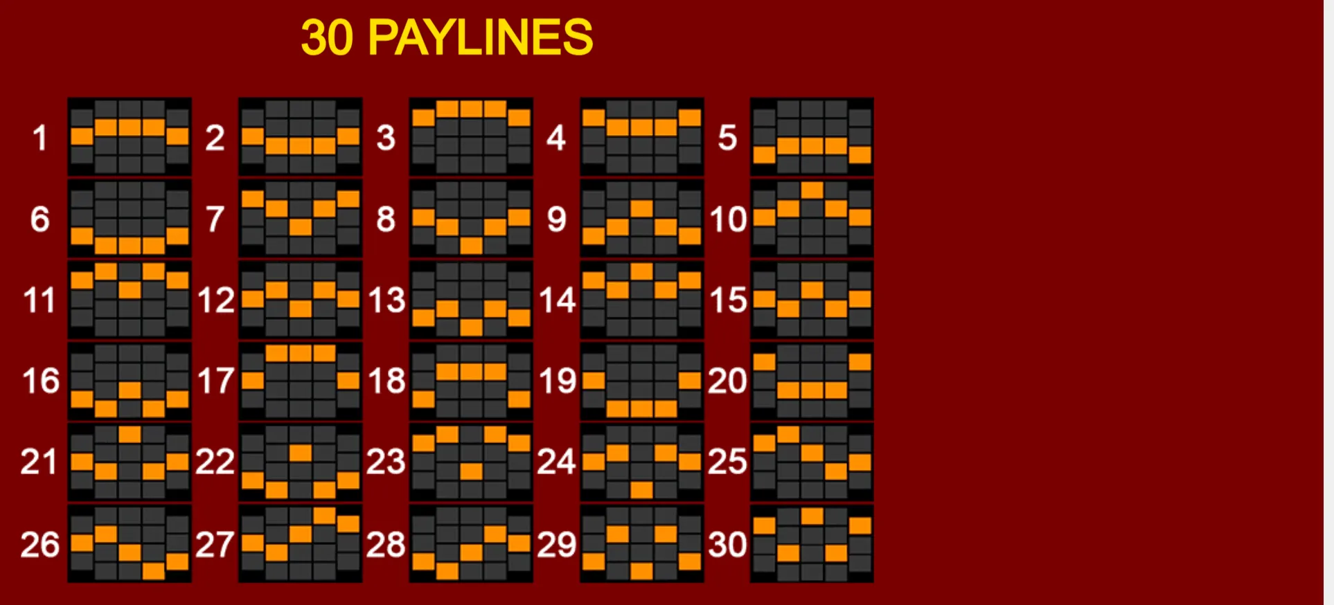 A 30 paylines chart displays numbered black reel grids with orange highlighted positions against a deep red background and bold yellow lettering.